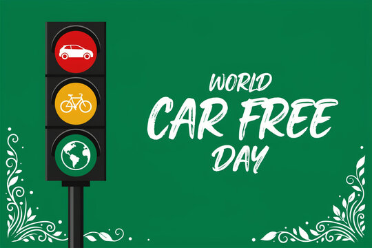 World car free day greeting template with vertical traffic light and ornate floral borders on green background green transport eco friendly traffic signal