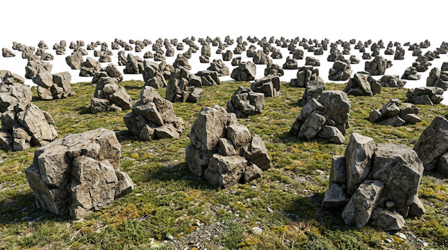 Vue panoramique d'un champ d'herbe verte parsem&eacute; de nombreux petits tas de rochers gris textur&eacute;s, cr&eacute;ant un motif r&eacute;p&eacute;titif sur un fond blanc isol&eacute; pour une utilisation cr&eacute;ative.