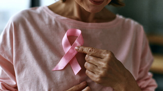 Cropped view of a woman pointing to a pink ribbon on her shirt, representing breast cancer awareness campaign, support, and Pink October movement.