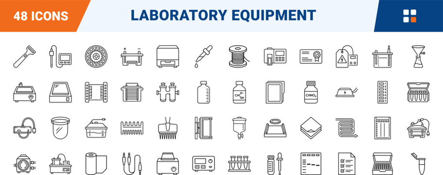 Electrophoresis Tank Leads line icon set. Vector pictograms of laboratory, equipment, testing, and research elements, thin linear illustration.