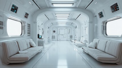 Fototapeta premium Futuristic white spaceship interior corridor with seats and windows
