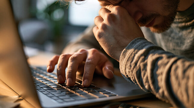 Close-up of a tired man touching his face in exhaustion while working on a laptop late at night, feeling stressed, fatigued, and overwhelmed by burnout.