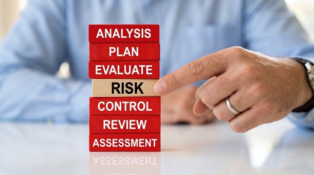 Hand pointing at risk assessment block in management process stack