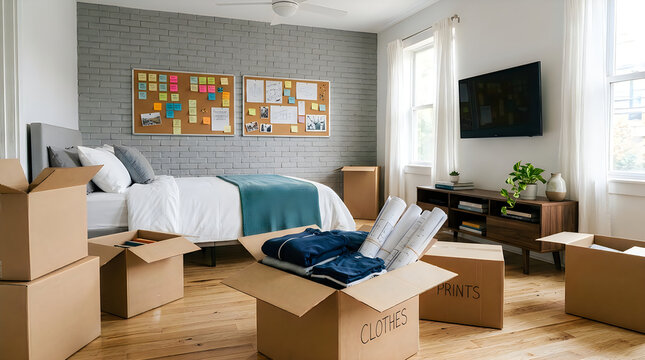 Light and airy bedroom interior featuring a bed, television, and moving boxes ready for a new residence setup.