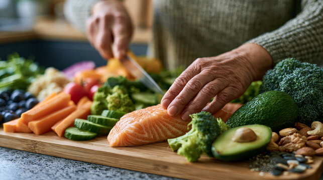 Close-up of a senior person cutting fresh salmon on a wooden board surrounded by healthy nutrition ingredients like avocado, broccoli, and nuts for balanced elderly eating.