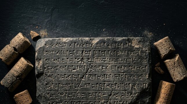Overhead flat lay of ancient cuneiform inscription on weathered basalt stone and clay cylinder with atmospheric shadow and negative space