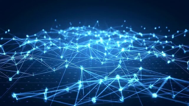 Animation of glowing blue nodes connected by lines forming a dynamic digital network structure on a dark background. Animated texture shows points of light and lines with pulsing motion.