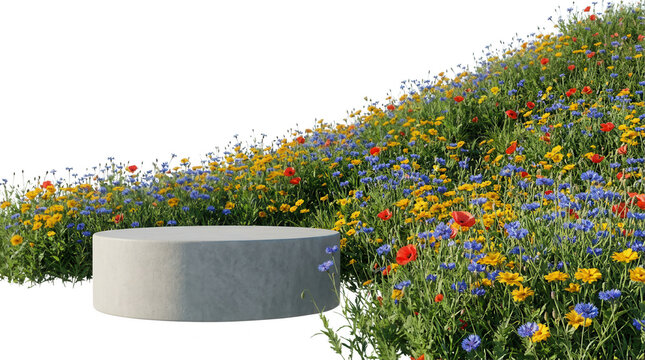 Un podium cylindrique en b&eacute;ton gris pos&eacute; devant un parterre de fleurs sauvages color&eacute;es, id&eacute;al pour la pr&eacute;sentation de produits naturels, cosm&eacute;tiques ou &eacute;cologiques sur fond blanc.