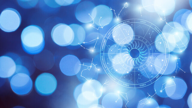 Colorful display of zodiac signs using blue background with bright circles in a night sky setting