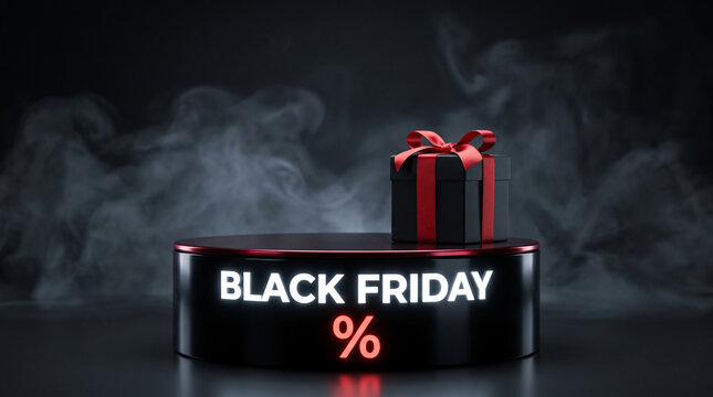 A black gift box with a red ribbon sits on a illuminated podium with "BLACK FRIDAY" text. Concept: Showcase, sales event, retail.