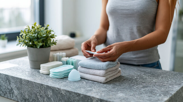 Cropped view of a woman organizing feminine hygiene products including a menstrual cup, sanitary pads, tampons, and folded towels on a bathroom counter.