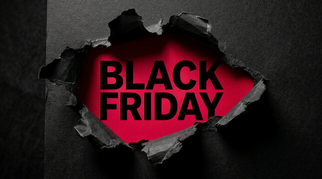 Torn black paper revealing "Black Friday" text on a red background, symbolizing intense deals and a significant shopping event, ideal for promotions.
