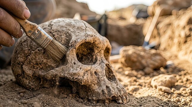 Excavating a skull with a brush in an archaeological dig