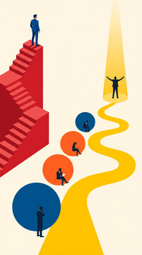Stylized graphic depicting a staircase, circular platforms with silhouetted people, and a winding path with a spotlight, symbolizing career growth and success