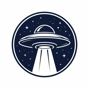 Vintage circular UFO emblem with beaming alien spacecraft and stars.