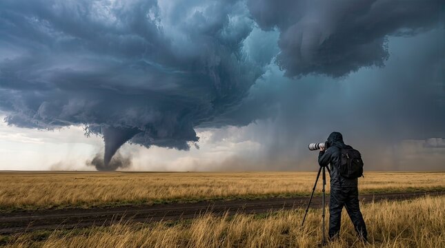 storm chaser photographing a tornado in a rural landscape
