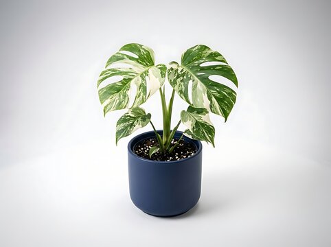 Monstera Variegata Albo in Blue Ceramic Pot on White Background
