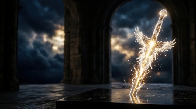 Divine sword of light with angel wings on obsidian altar under stormy sky, symbolic of prayer and spiritual warfare in cinematic hyper-realistic style