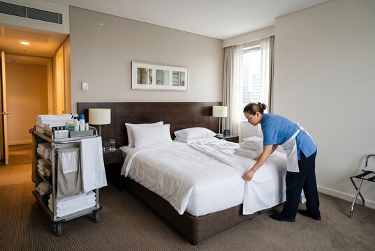 A staff member is making the bed in a hotel room. They are arranging the sheets and placing towels on the bed. The room has bright lighting and modern decor
