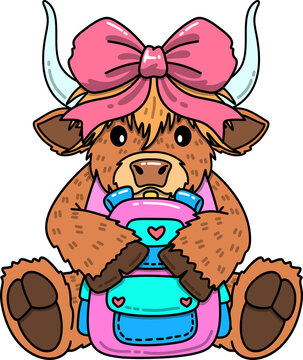 Back to School Cute Highland Cow With Backpack Illustration