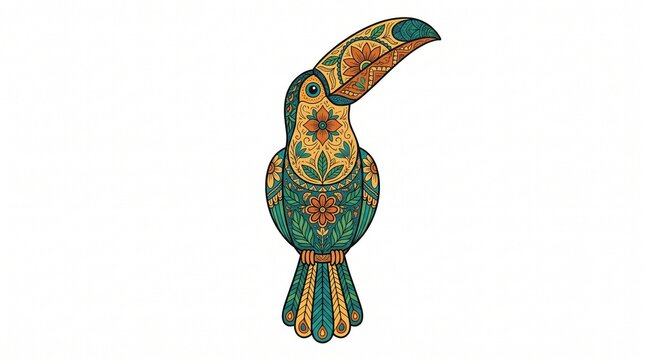 Colorful Stylized Toucan Vector Illustration Decorated with Floral Mandalas on White Background