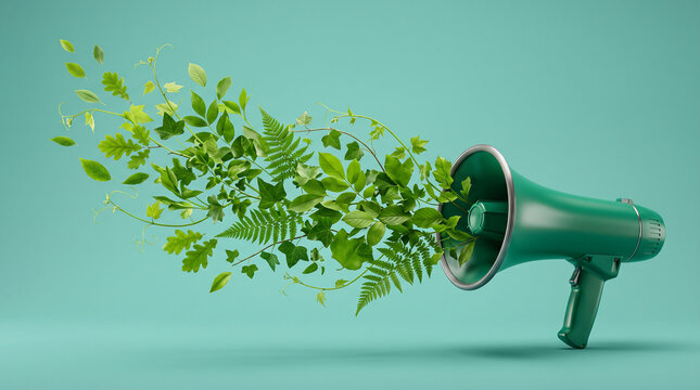 Green megaphone with lush green leaves and vines emerging, symbolizing environmental communication and natural alerts, ideal for eco-friendly campaigns