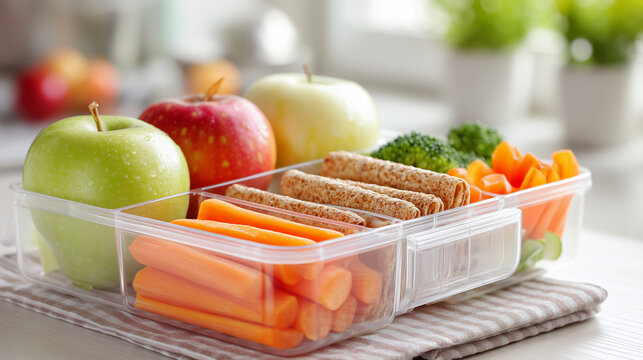 Transparent meal prep container filled with apples, carrots, broccoli and whole grain snacks, representing healthy school lunches, balanced nutrition, fresh food and organized meal preparation.