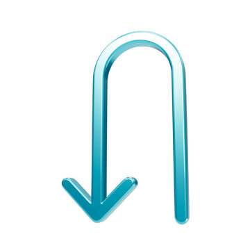 A glossy cyan blue u-turn arrow with a smooth metallic finish, rendered as a simple directional outline on a solid black background