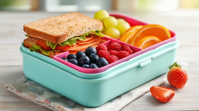 Bright turquoise lunchbox filled with a sandwich, blueberries, raspberries, grapes and orange slices, illustrating healthy packed meals, school nutrition, meal prep and fresh food.