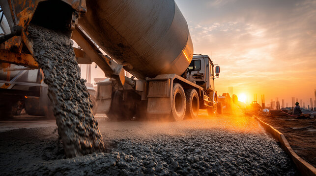 Concrete mixer truck pouring fresh concrete at a construction site during golden hour, highlighting infrastructure development, building projects, heavy machinery, engineering and urban construction.