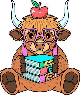 Back to School Cute Highland Cow Illustration with Books and Apple