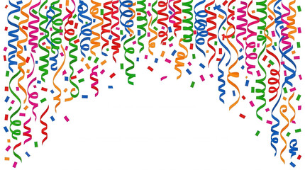 Obraz premium Fond festif avec des serpentins colorés et des confettis tombant sur un arrière-plan blanc isolé pour des célébrations d'anniversaire, de carnaval ou de nouvel an
