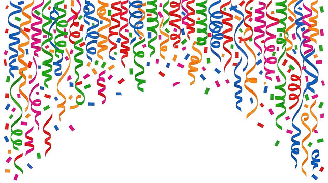 Fond festif avec des serpentins color&eacute;s et des confettis tombant sur un arri&egrave;re-plan blanc isol&eacute; pour des c&eacute;l&eacute;brations d'anniversaire, de carnaval ou de nouvel an