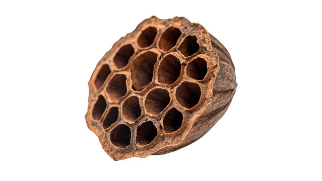A dried brown botanical lotus seed pod isolated on transparent background.