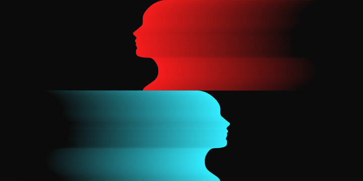 Red and cyan blurred human profiles in opposition symbolizing psychological split and dynamic thought motion