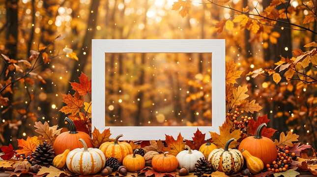 Autumn frame with pumpkins and fall leaves in a forest setting