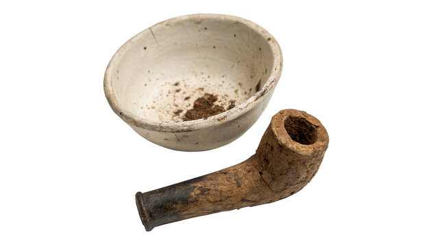 An ancient clay bowl and vintage smoking pipe isolated on transparent background.