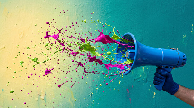 Blue megaphone expelling vibrant pink and green paint splashes against a textured yellow and teal wall, symbolizing bold communication and creative expression