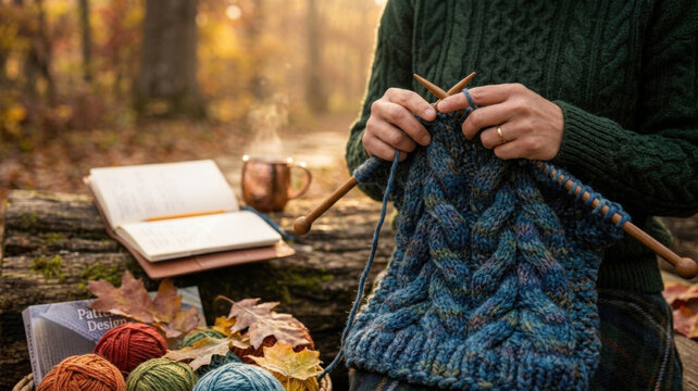 Close Up of Woman Knitting Blue Woolen Cable Pattern in Autumn Forest