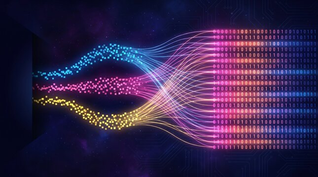 Digital data stream merging into binary code visualization