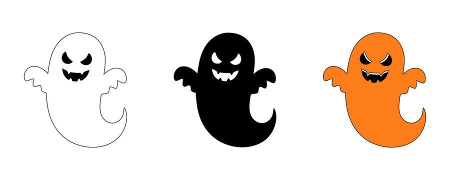 Set of cute ghost stickers with evil expressions in outline black and orange color styles isolated on transparent background.