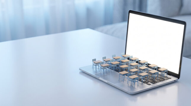 Miniature classroom setup on a laptop, symbolizing online education and remote learning, perfect for educational technology concepts.