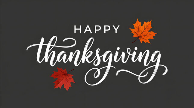 Happy thanksgiving greeting card with elegant white calligraphy and autumn maple leaves on dark background