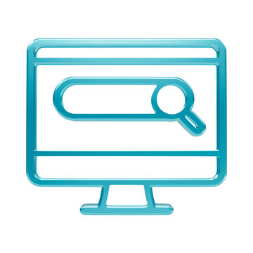 Glowing cyan computer monitor with search bar symbol for web browsing and online information retrieval on a black background