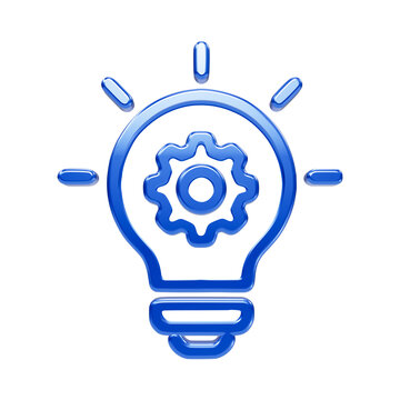 Shiny blue glossy light bulb with a gear inside, isolated on a black background, representing technical innovation and engineering
