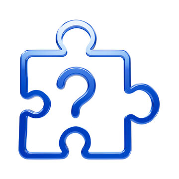 Shiny blue glossy puzzle piece with a question mark in the center, isolated on a black background, representing missing information
