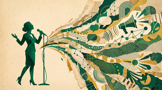 Silhouette of a woman speaking into a microphone, with abstract torn paper collages representing ideas and communication, symbolizing expression and creativity, free space