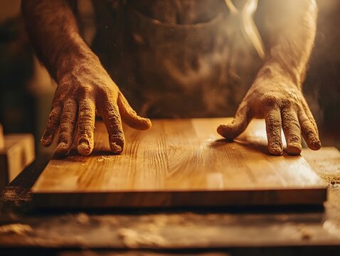 Dusty Hands Sanding Wood Surface Golden Macro Detail for blog post