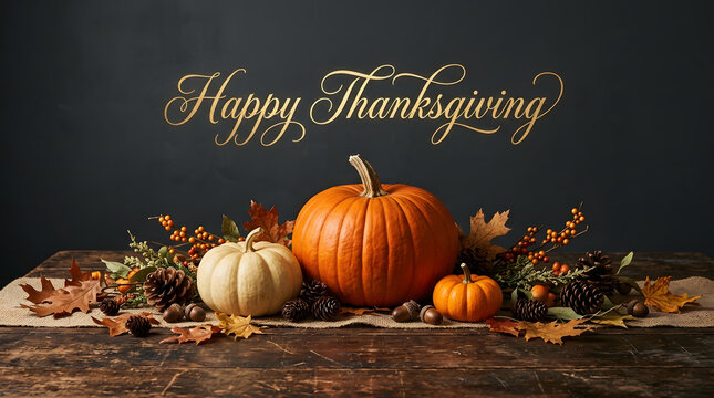 Thanksgiving display with pumpkins, autumn leaves, and pinecones on a rustic wooden table