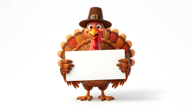 Cartoon thanksgiving turkey wearing a pilgrim hat holding a blank sign isolated on white background